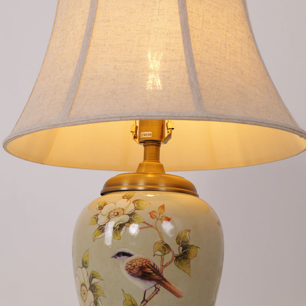 Lightsin Vintage Camellia Ceramic Table Lamp with Copper Base and Fabric Shade