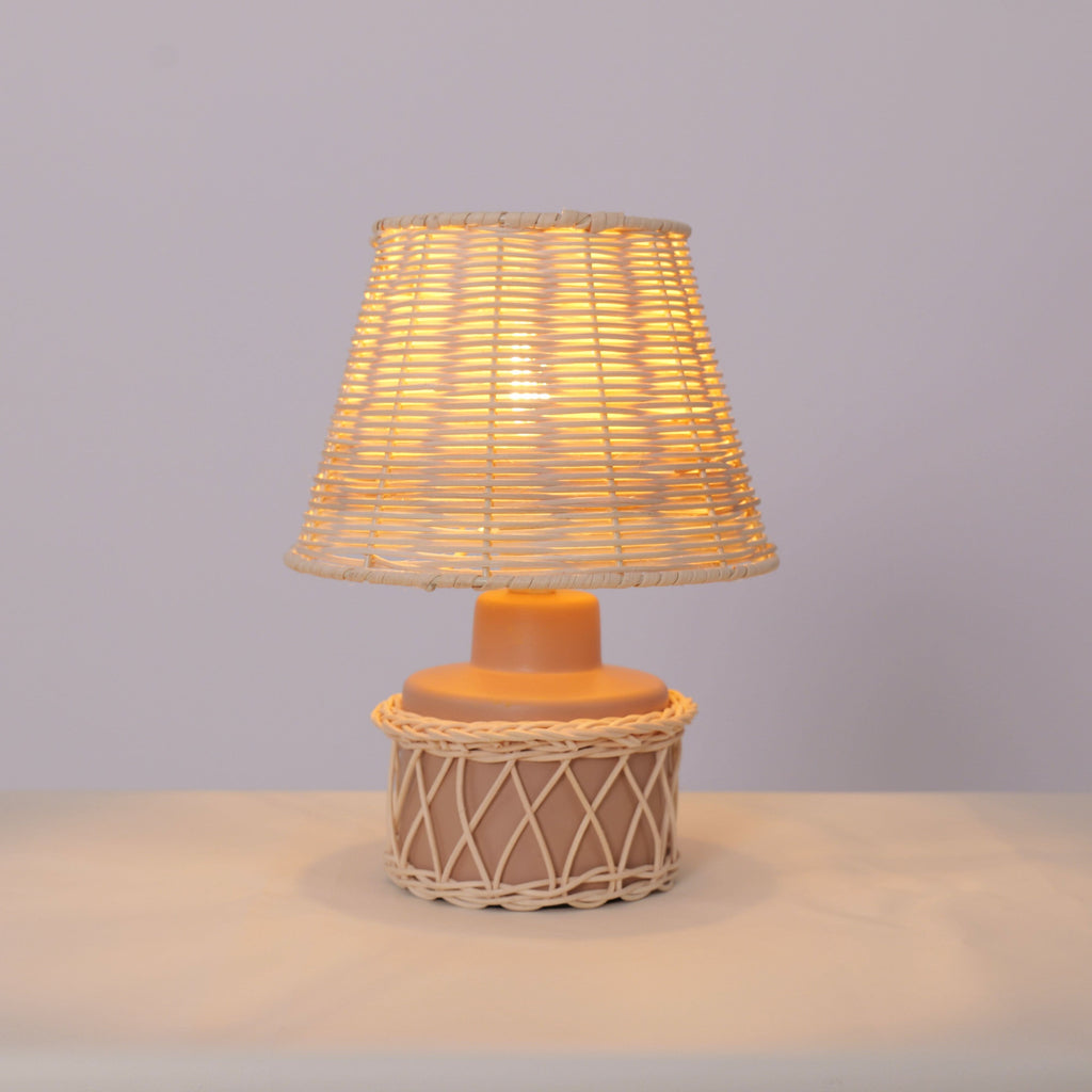 Lightsin Natural Rattan Table Lamp with Pink Wood Base for Bedroom and Living Room
