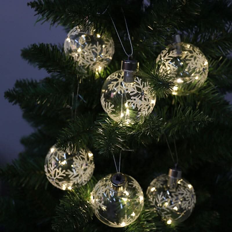 Set of 6 Clear Snowflakes Ball Christmas Glass LED Light Hanging Ornaments