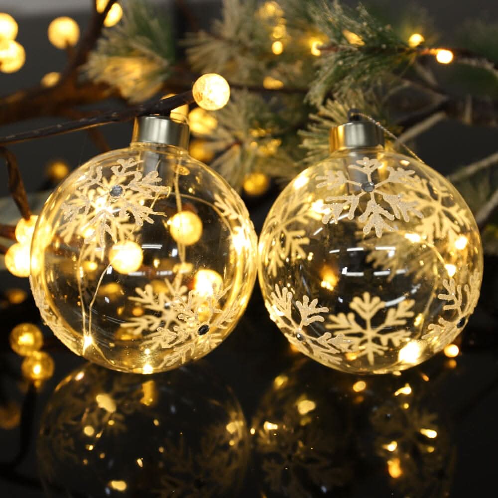 Set of 6 Clear Snowflakes Ball Christmas Glass LED Light Hanging Ornaments