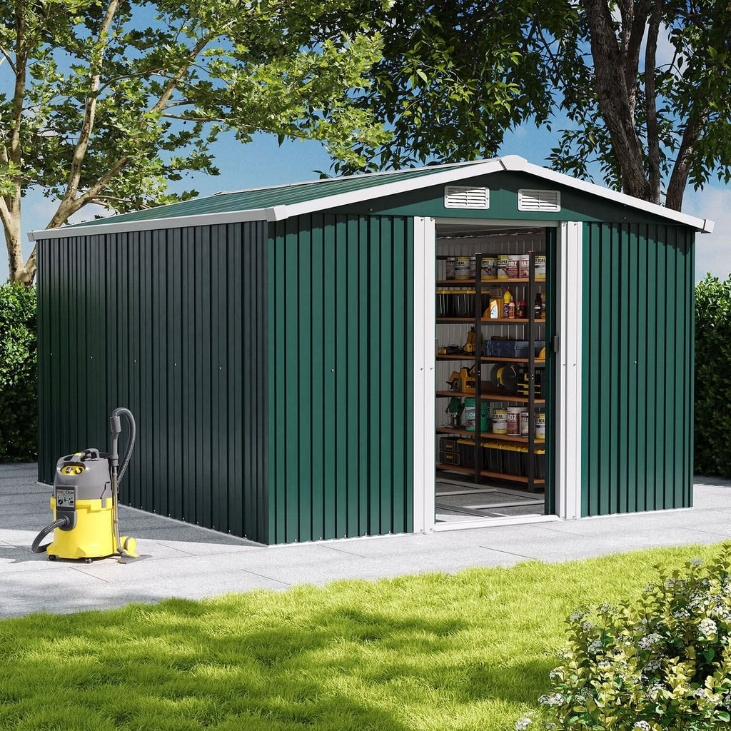Waterproof 6x8/8x8/10x8/12x10ft Metal Shed with Gable Roof Charcoal Black/Green