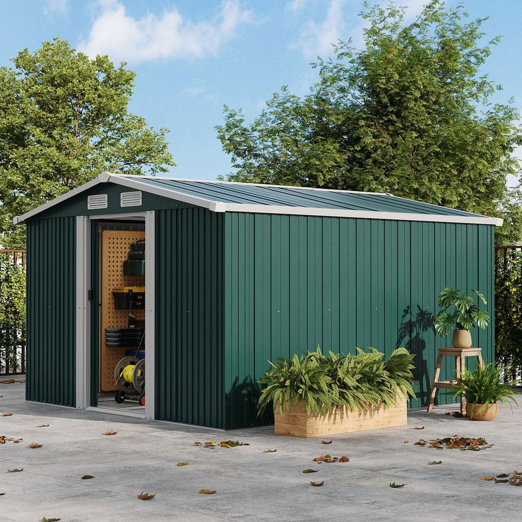 Waterproof 6x8/8x8/10x8/12x10ft Metal Shed with Gable Roof Charcoal Black/Green