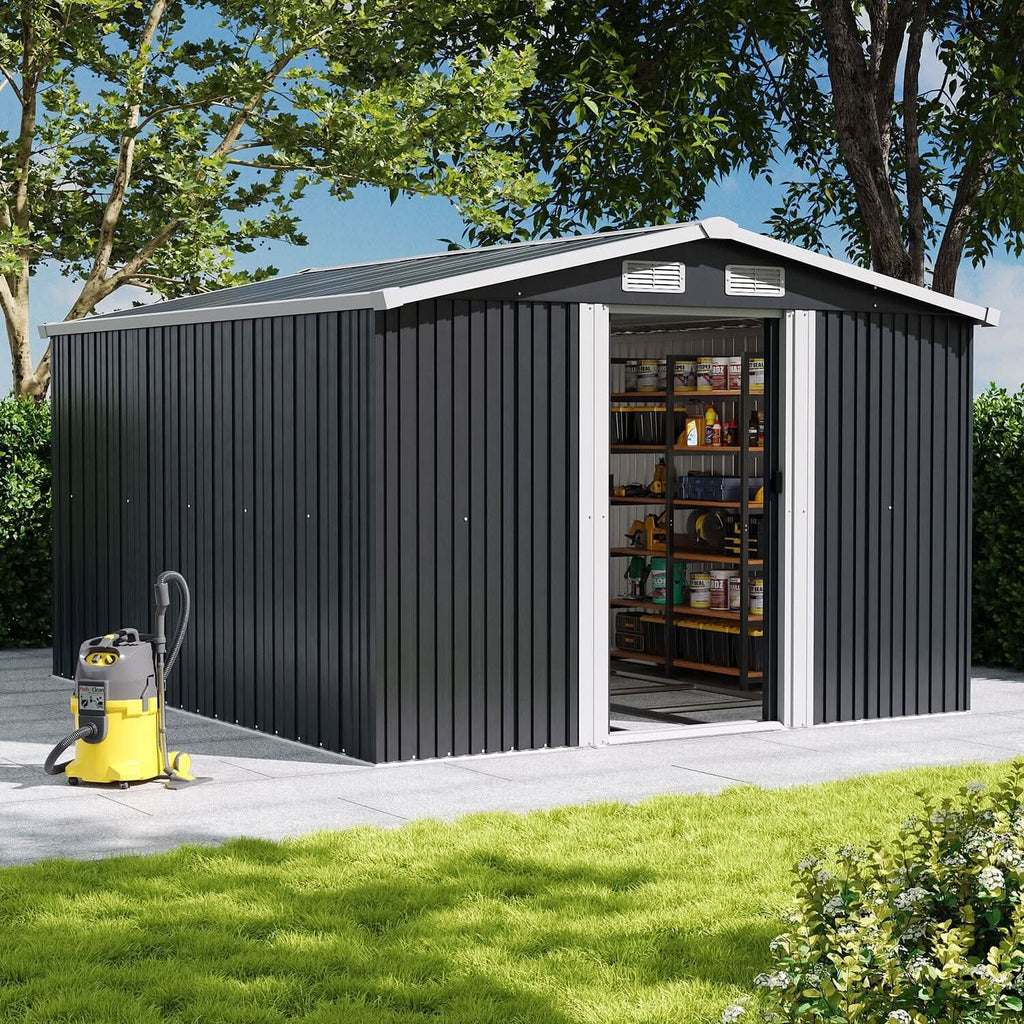 Waterproof 6x8/8x8/10x8/12x10ft Metal Shed with Gable Roof Charcoal Black/Green