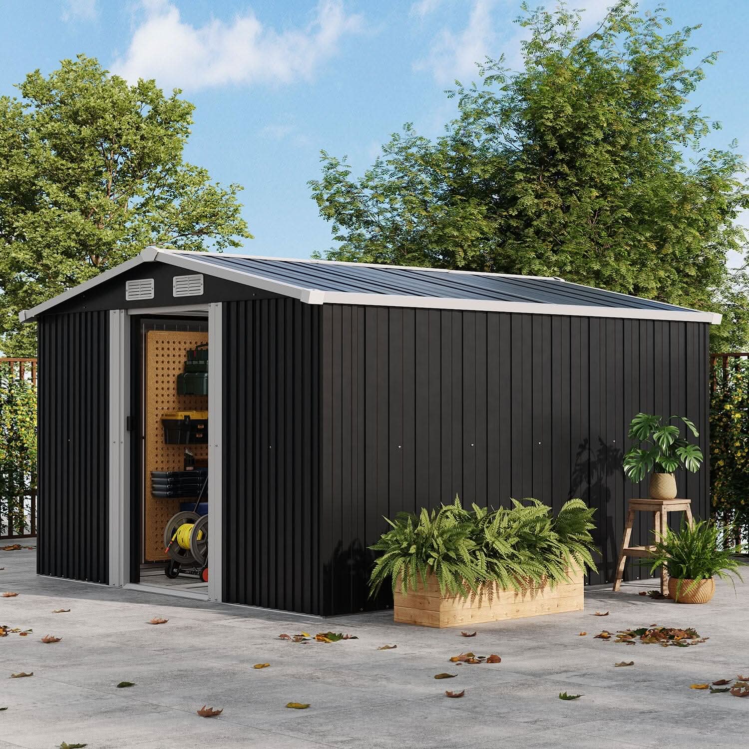 Waterproof 6x8/8x8/10x8/12x10ft Metal Shed with Gable Roof Charcoal Black/Green