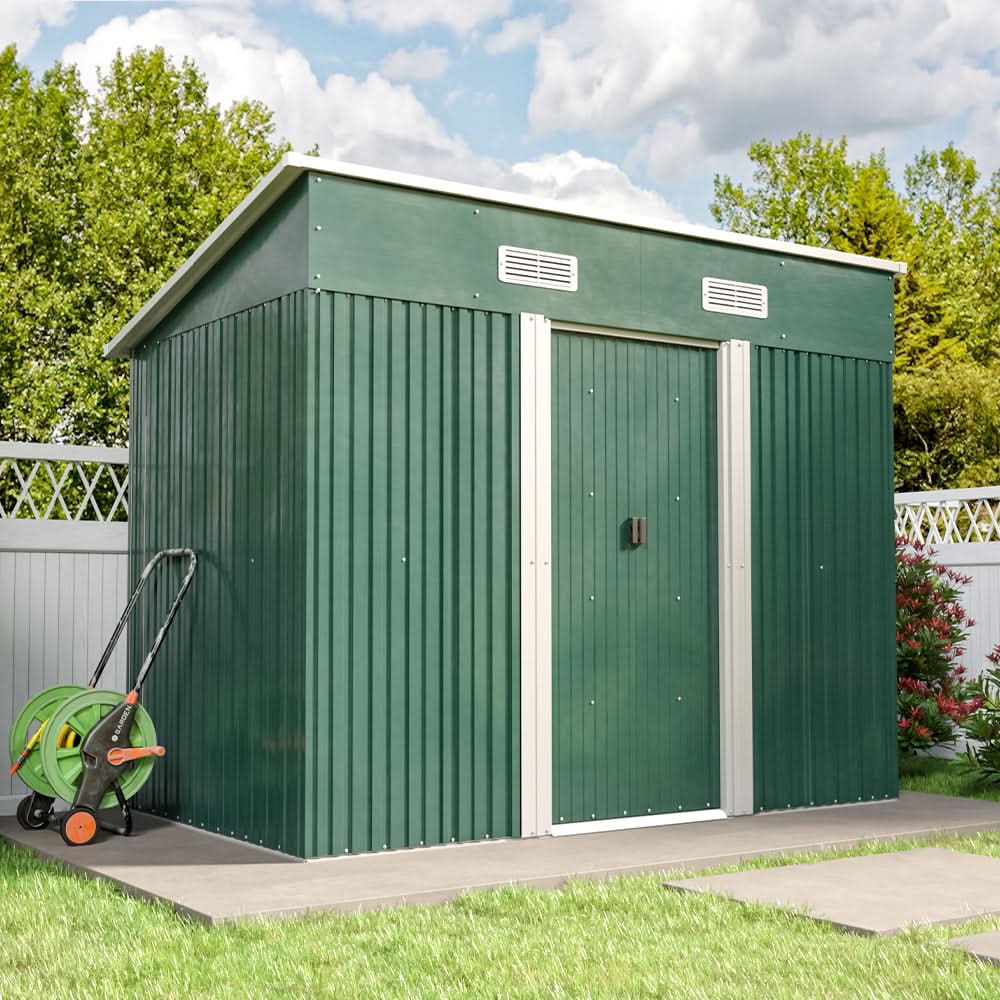 4 x 6 ft / 4 x 8 ft Steel Garden Shed with Skillion Roof Top Steel Black/Green
