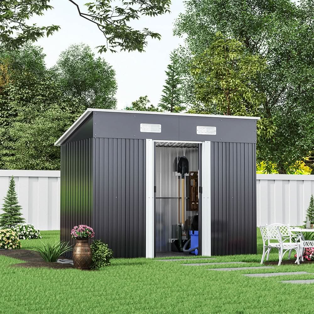 4 x 6 ft / 4 x 8 ft Steel Garden Shed with Skillion Roof Top Steel Black/Green