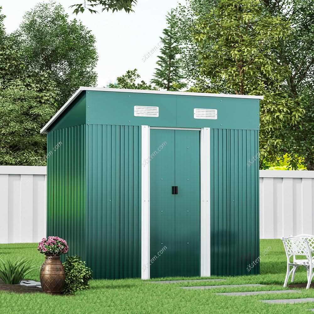 4 x 6 ft / 4 x 8 ft Steel Garden Shed with Skillion Roof Top Steel Black/Green