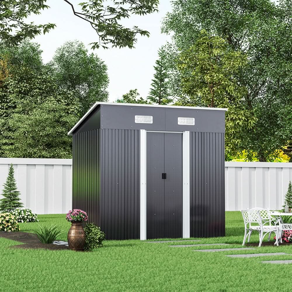 4 x 6 ft / 4 x 8 ft Steel Garden Shed with Skillion Roof Top Steel Black/Green