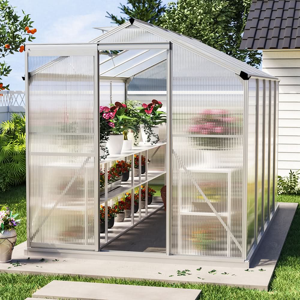 4x6ft/ 6x6ft/ 8x6ft/ 10x6ft Silver Aluminum Framed Greenhouse with Vent