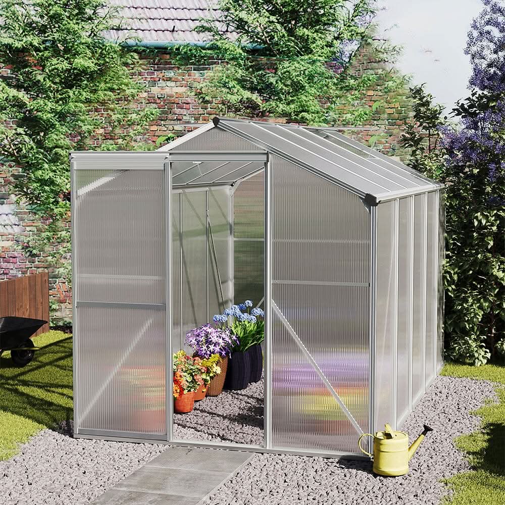 4x6ft/ 6x6ft/ 8x6ft/ 10x6ft Silver Aluminum Framed Greenhouse with Vent