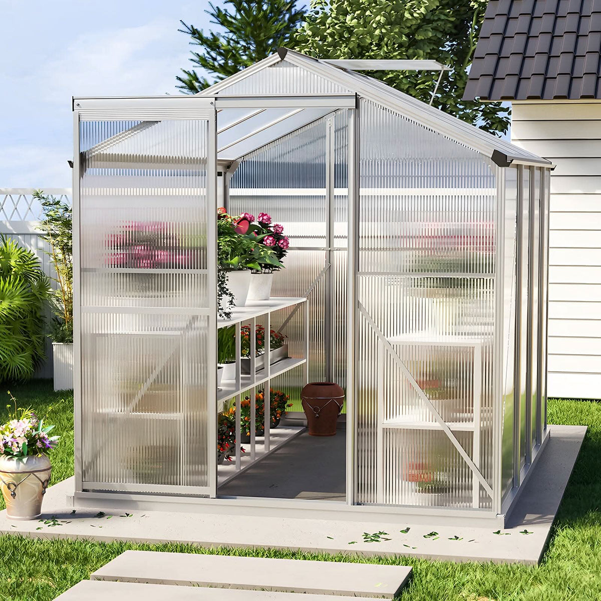 4x6ft/ 6x6ft/ 8x6ft/ 10x6ft Silver Aluminum Framed Greenhouse with Vent