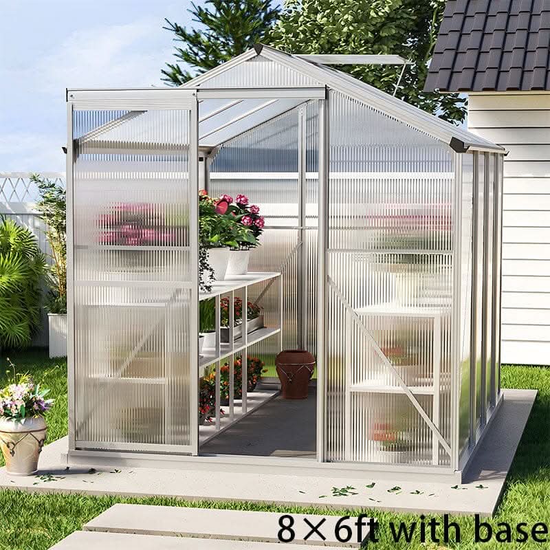 4x6ft/ 6x6ft/ 8x6ft/ 10x6ft Silver Aluminum Framed Greenhouse with Vent