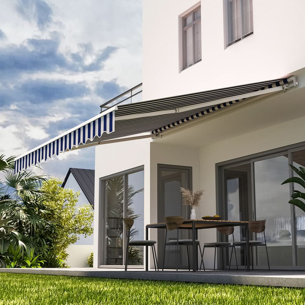 Blue and White Manual Shelter Retractable Patio Awning