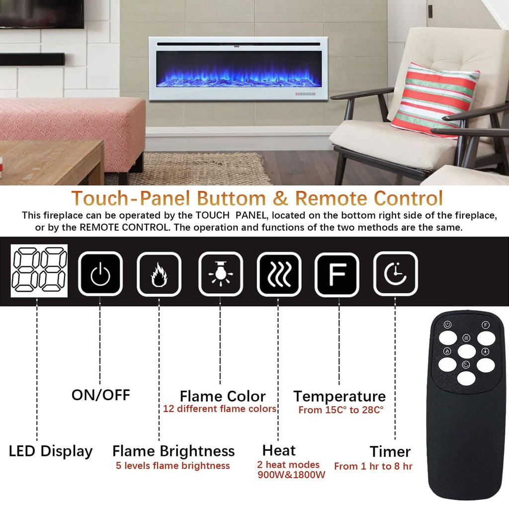 60 Inch Wall Mounted Fireplaces Recessed Fireplace 1800W White 5120BTU Electric Heaters