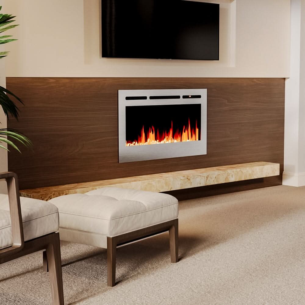 60 Inch Electric Fireplace Silver Recessed Fire with 12 LED Flame Colour