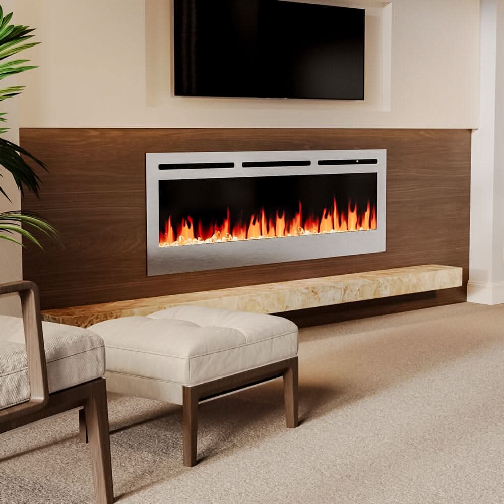 60 Inch Electric Fireplace Silver Recessed Fire with 12 LED Flame Colour