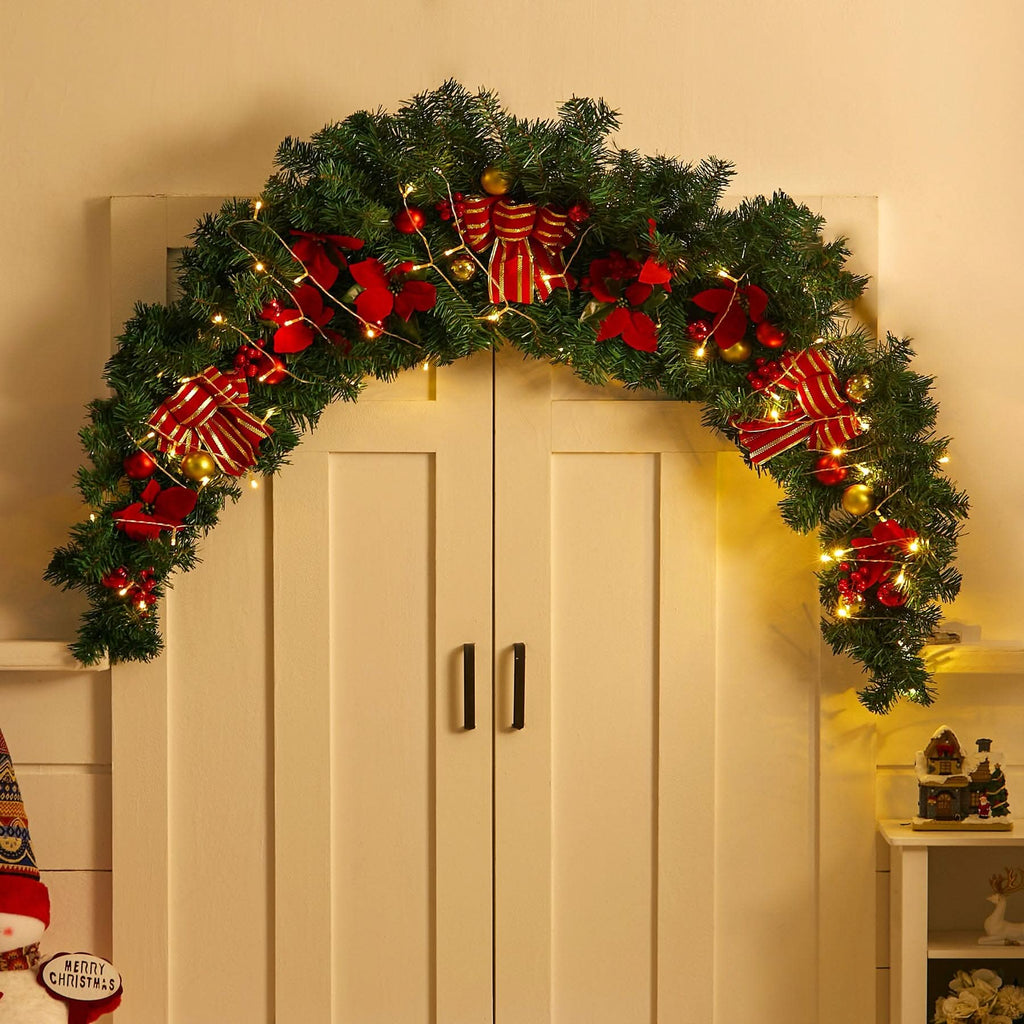 Christmas Rattan Garland 1.8m with 250 Rattan Branches, Bows, Christmas Balls, and Greenery