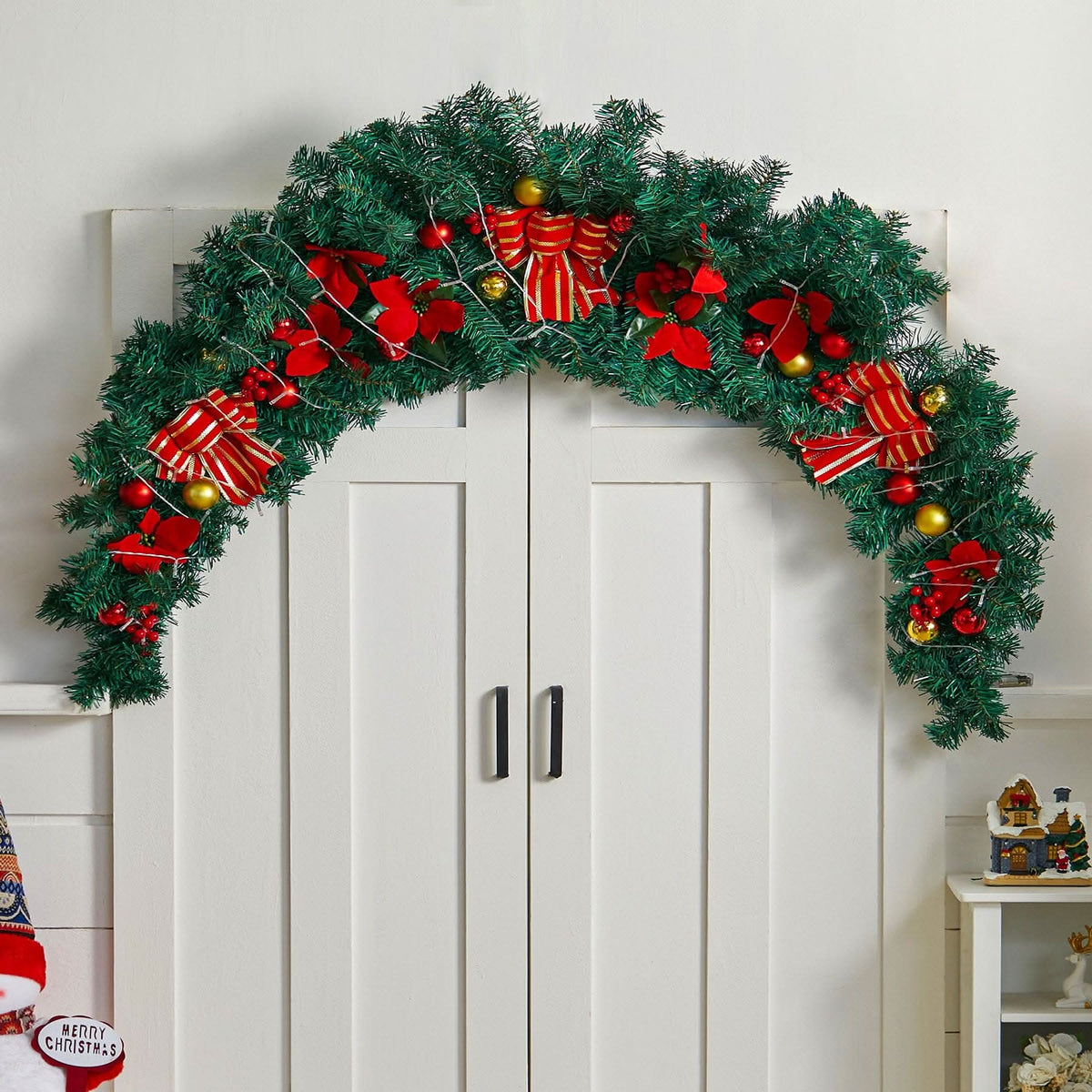 Christmas Rattan Garland 1.8m with 250 Rattan Branches, Bows, Christmas Balls, and Greenery