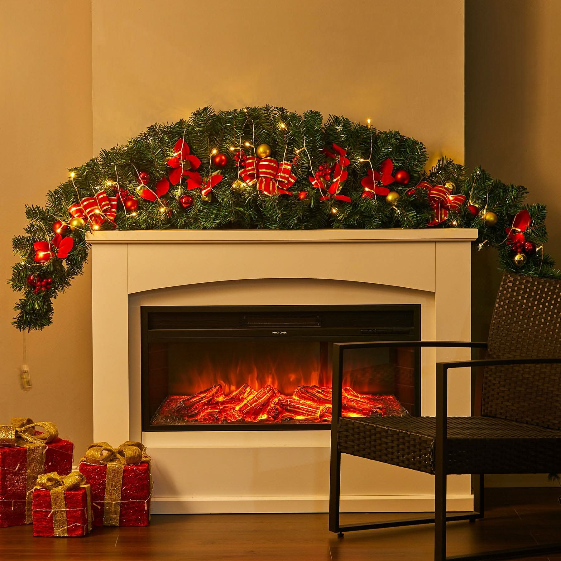 Christmas Rattan Garland 1.8m with 250 Rattan Branches, Bows, Christmas Balls, and Greenery