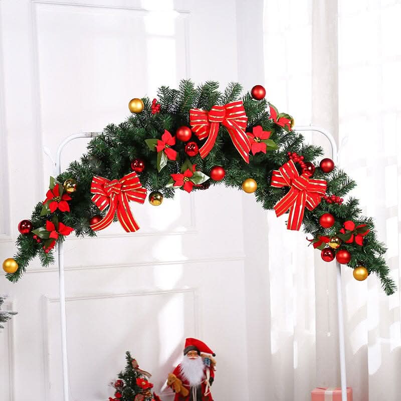Christmas Rattan Garland 1.8m with 250 Rattan Branches, Bows, Christmas Balls, and Greenery