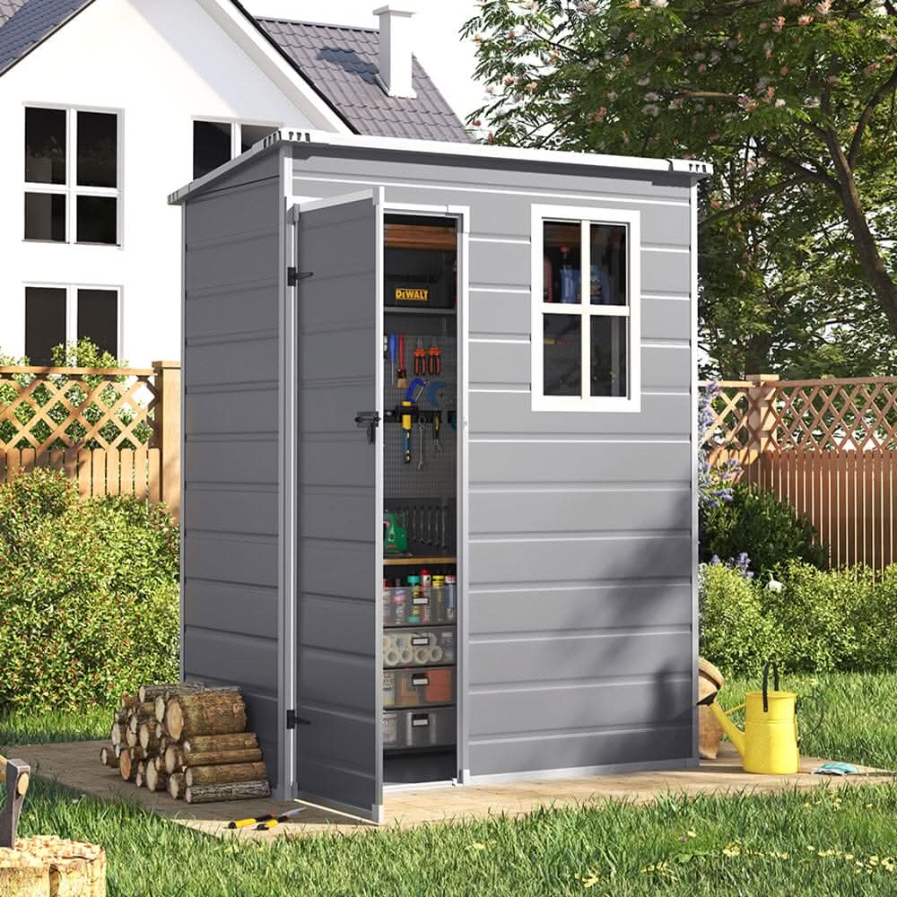 5x3ft / 5x4ft Plastic Garden Storage Shed with Front and Size Door for Bikes and Tools
