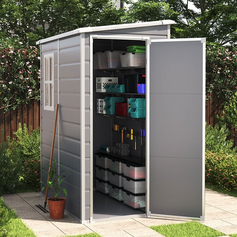 5x3ft / 5x4ft Plastic Garden Storage Shed with Front and Size Door for Bikes and Tools