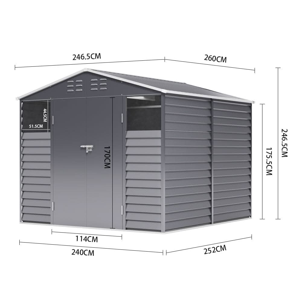 8×8.5 ft Charcoal Steel Tool Shed with Front Windows and Ventilation