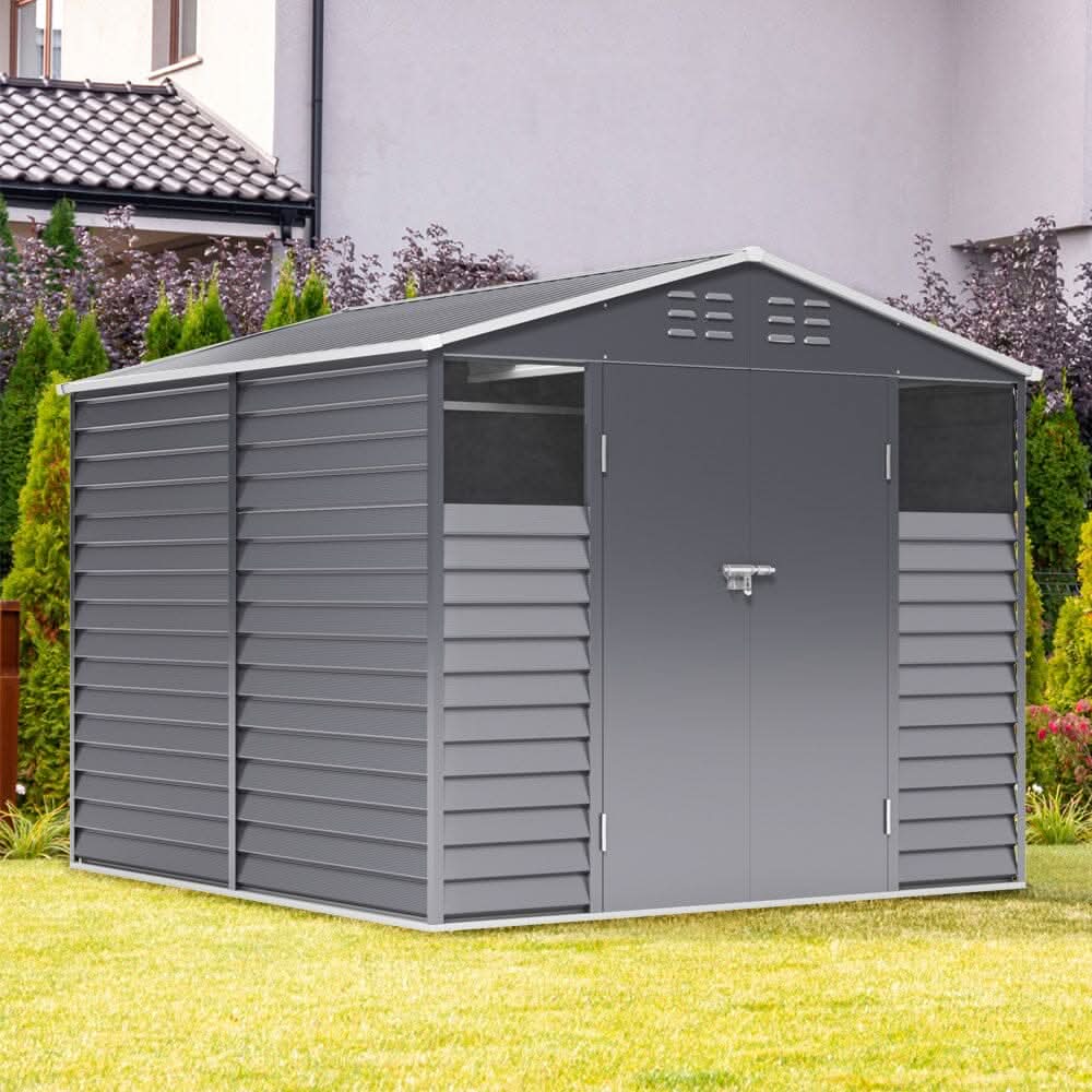 8×8.5 ft Charcoal Steel Tool Shed with Front Windows and Ventilation