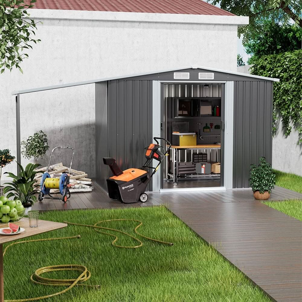 8×8ft/ 10×8ft Metal Grey Outdoor Storage Shed with Lean-to
