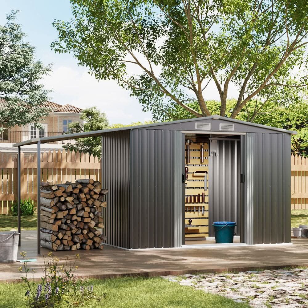 4×8 ft/ 6×8 ft Metal GardenStorage Shed with Log Storage