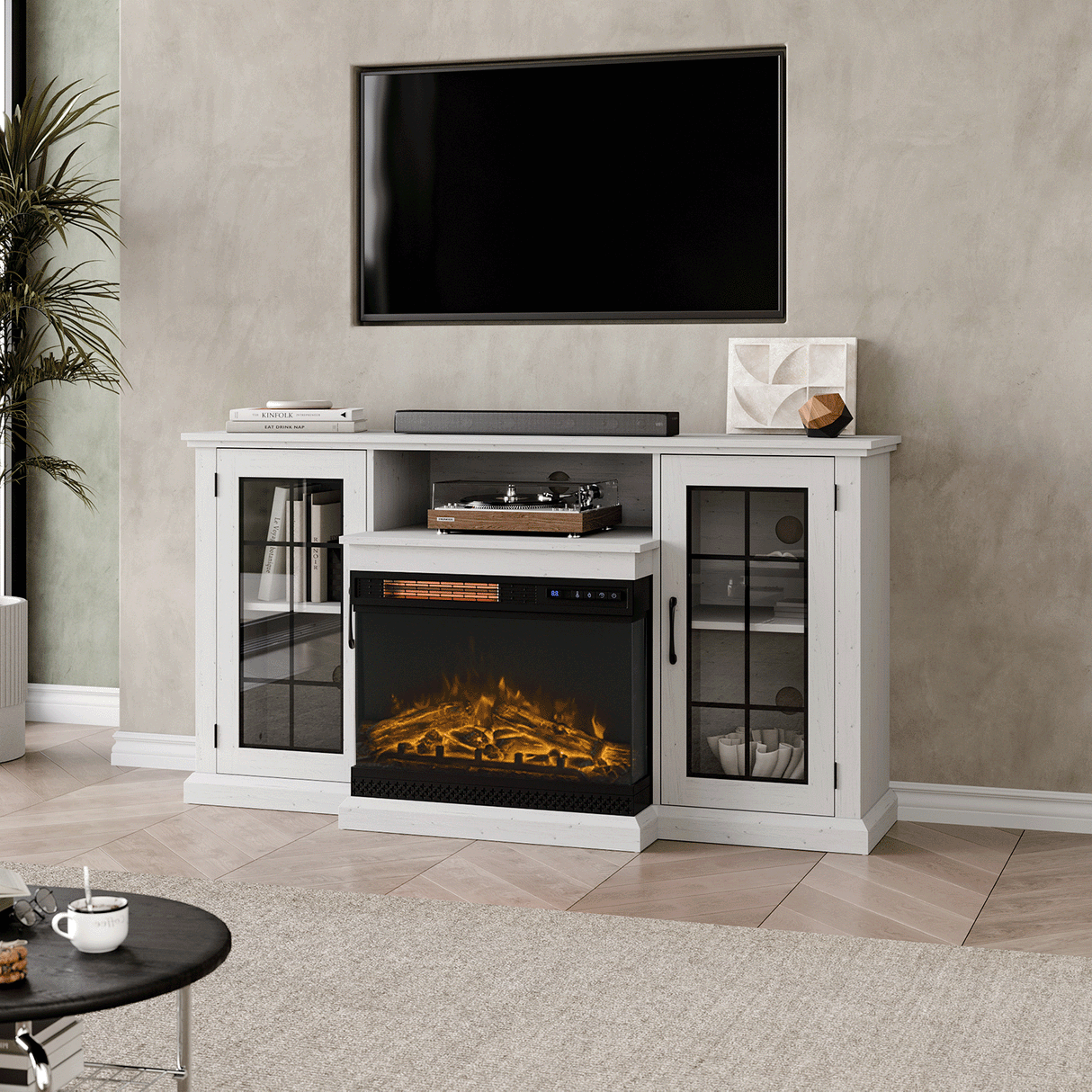 Smallbee Panoramic Glass Fireplace TV Stand with Storage Cabinets, Customizable Flames & Remote Control