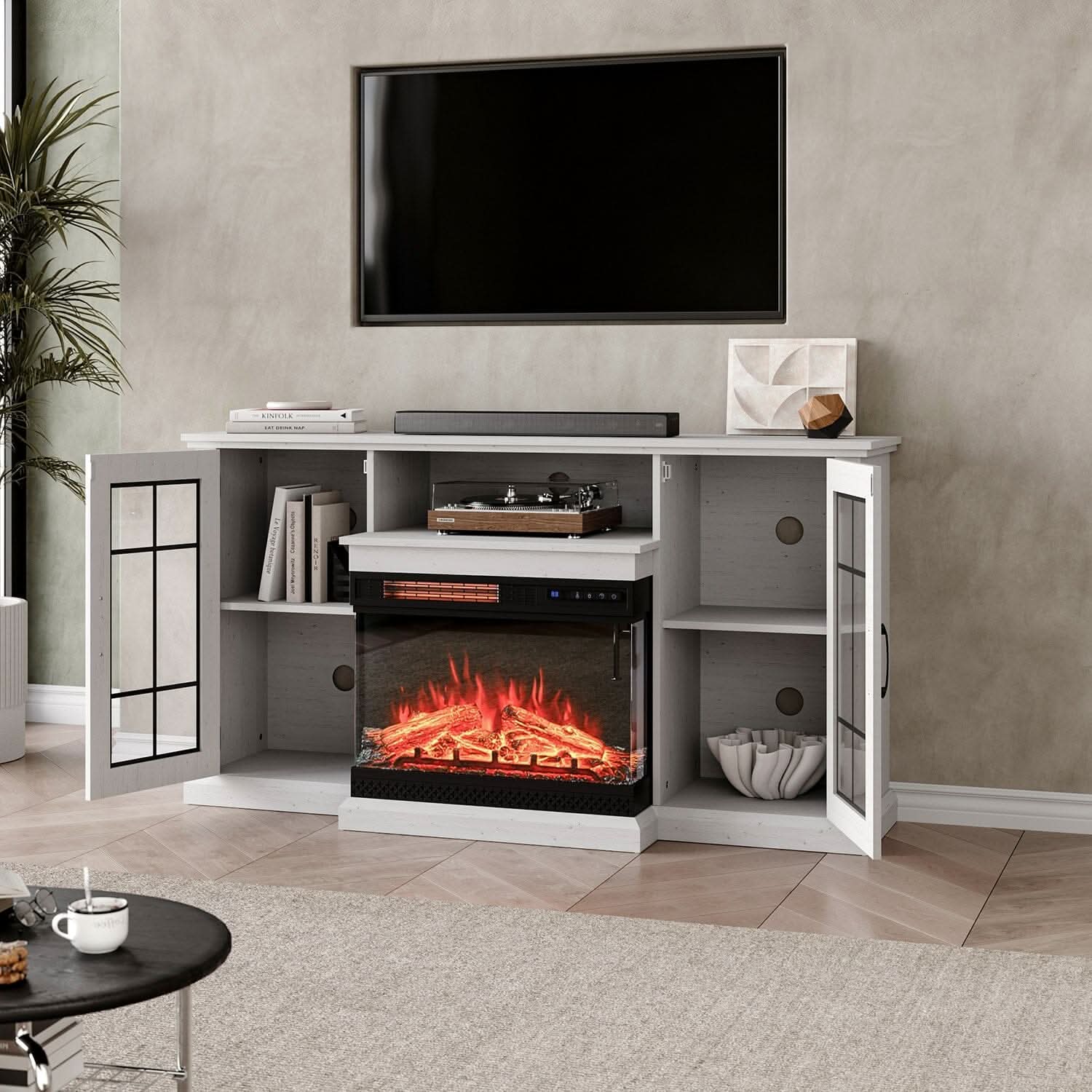 Smallbee Panoramic Glass Fireplace TV Stand with Storage Cabinets, Customizable Flames & Remote Control