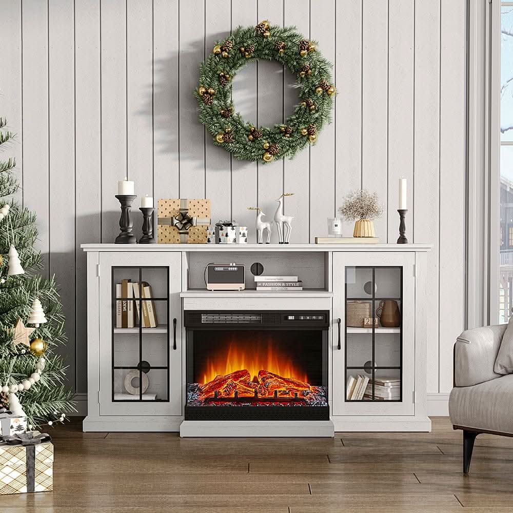 150CM W 3-sided electric fireplace TV cabinet with glass doors enclosed storage cabinet 3 flame colours