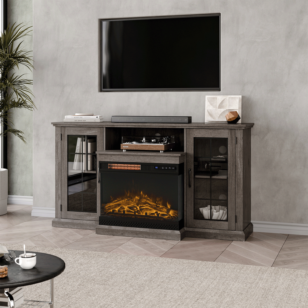 Smallbee Panoramic Glass Fireplace TV Stand with Storage Cabinets, Customizable Flames & Remote Control