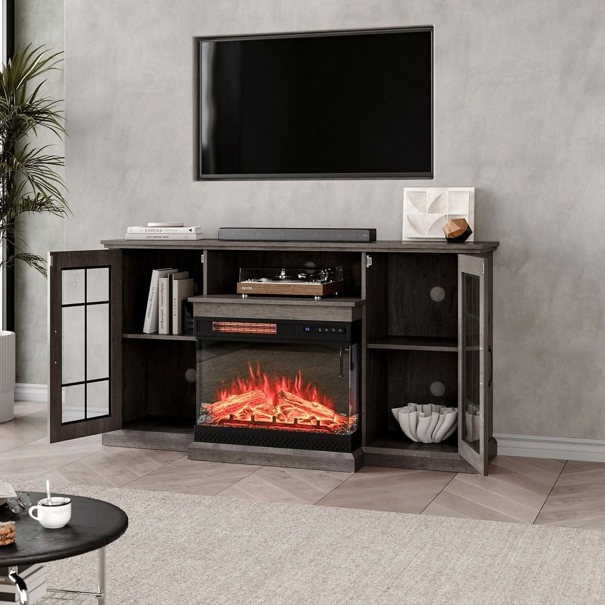 Smallbee Panoramic Glass Fireplace TV Stand with Storage Cabinets, Customizable Flames & Remote Control