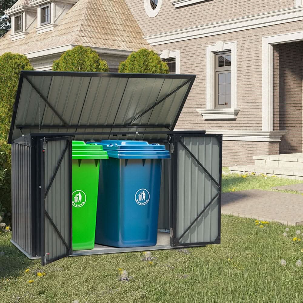 6ft Outdoor Metal Garbage Storage Shed with Hinged Lid