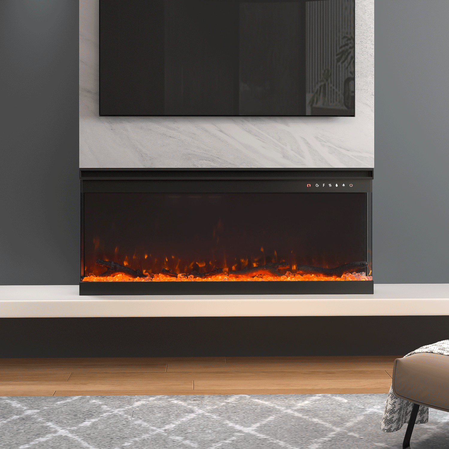 40/50/60/70/80/100-Inch 3-Sided Freestanding Electric Fireplace 12 Flame Colours and 5 Brightness Modes