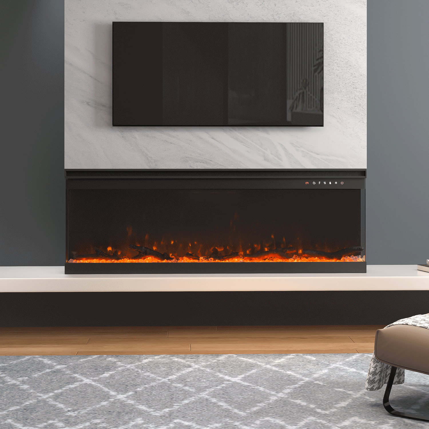 40/50/60/70/80/100-Inch 3-Sided Freestanding Electric Fireplace 12 Flame Colours and 5 Brightness Modes