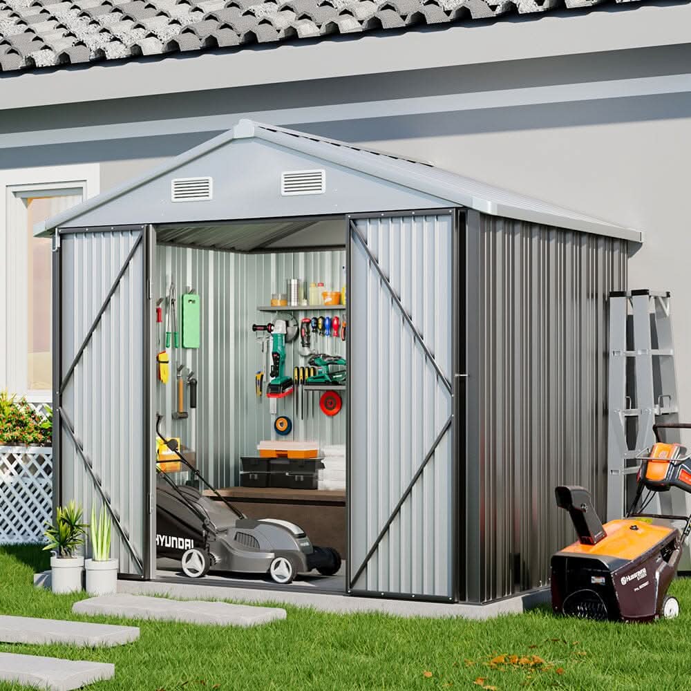 6×8 ft Metal Outdoor Storage Shed with Lockable Double Swing Doors