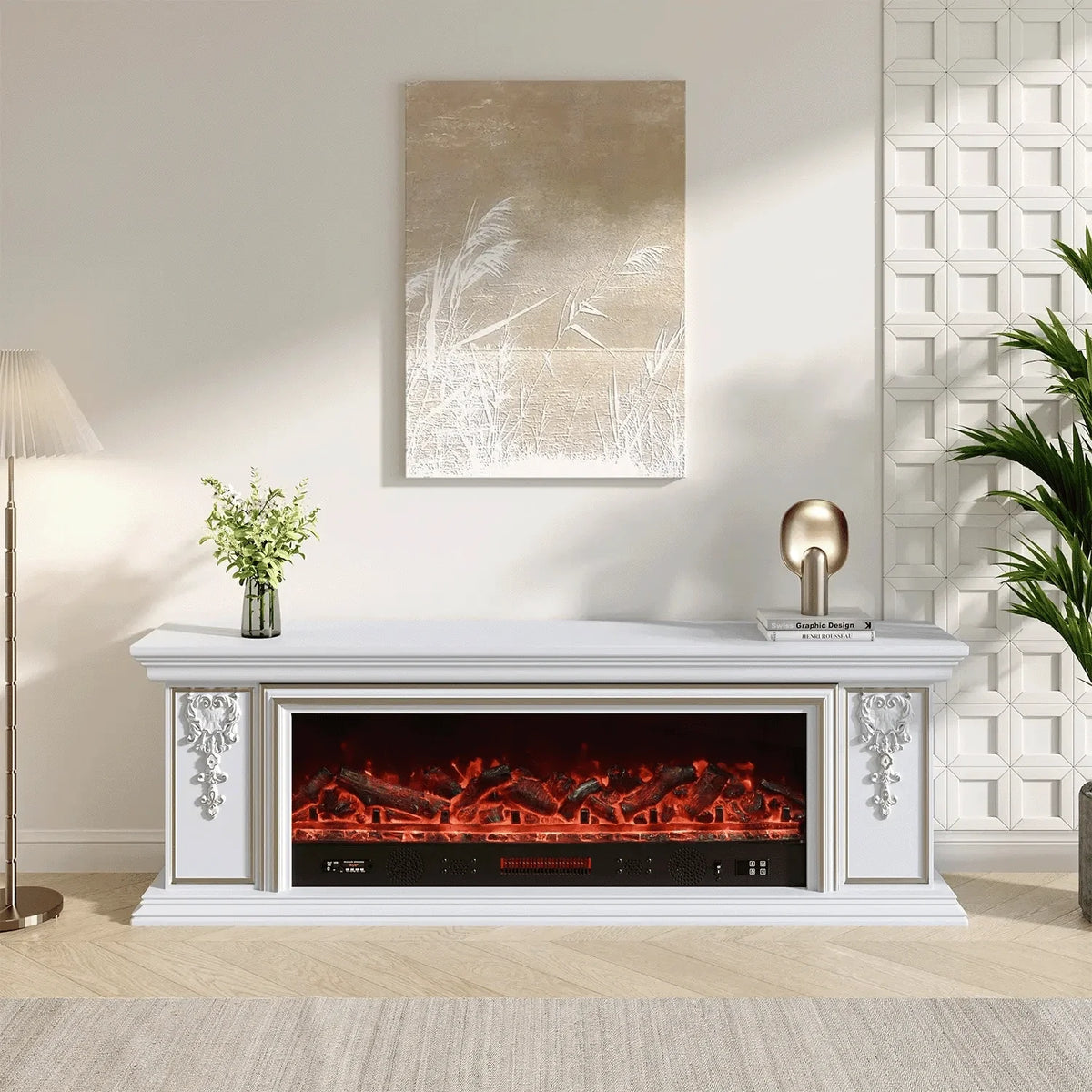 Smallbee Sophisticated White Freestanding Fireplace Mantel TV Stand with Electric Insert