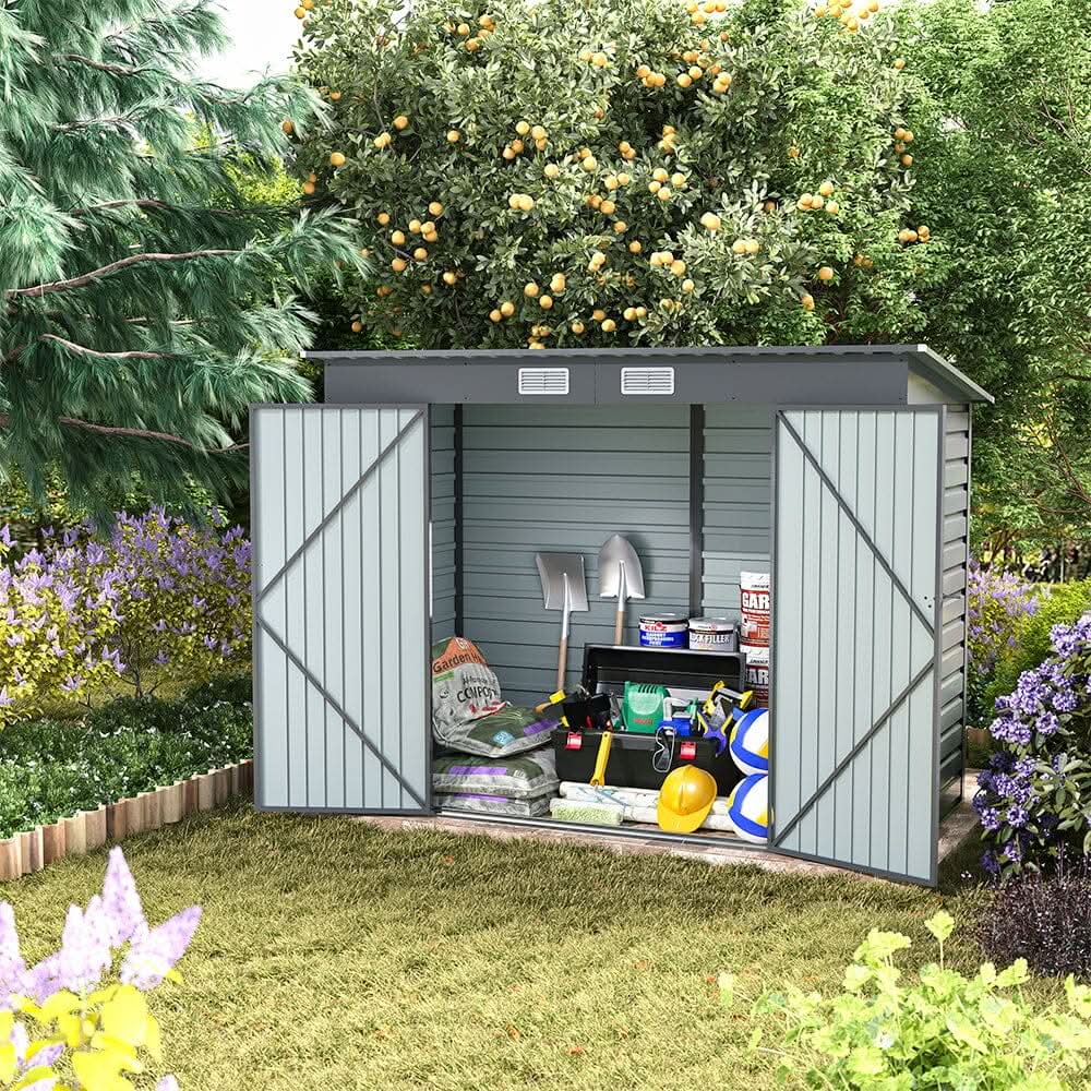8×4ft Galvanized Steel Outdoor Storage Shed with Dual Doors
