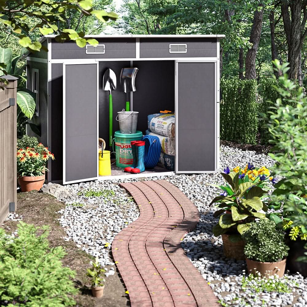6x4ft / 8x4ft Plastic Outdoor Garden Storage Shed  with Light Grey
