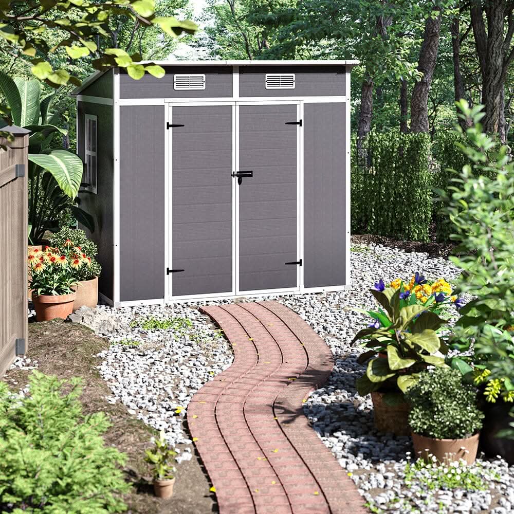 6x4ft / 8x4ft Plastic Outdoor Garden Storage Shed  with Light Grey