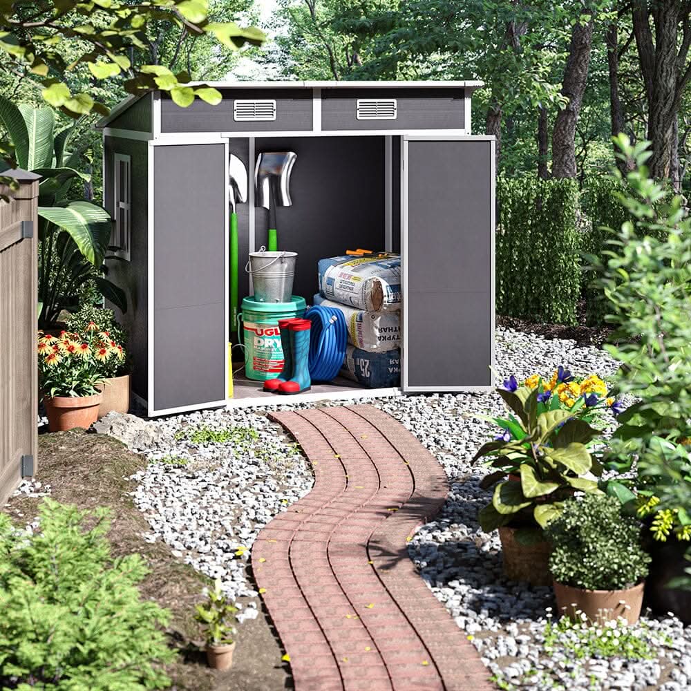 6x4ft / 8x4ft Plastic Outdoor Garden Storage Shed  with Light Grey
