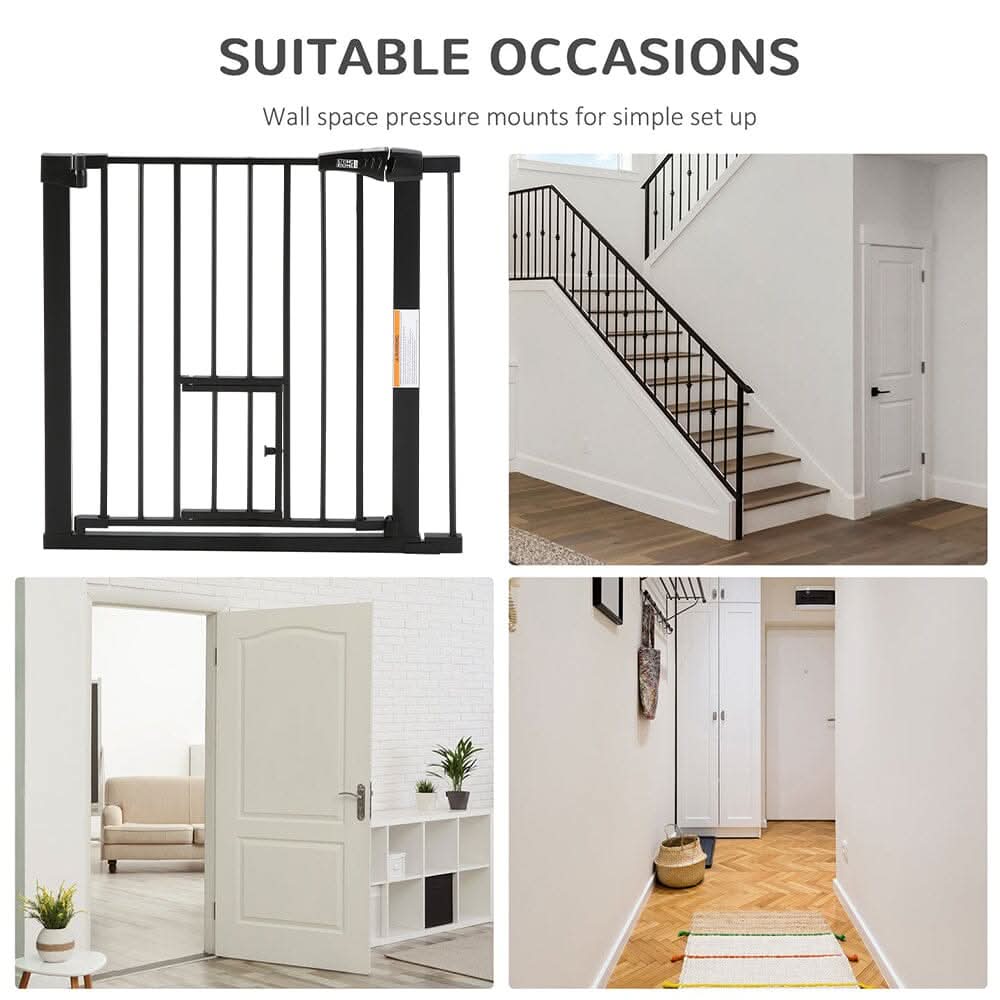Pet Safety Gate Stair Pressure Fit with Lockable Cat Flap