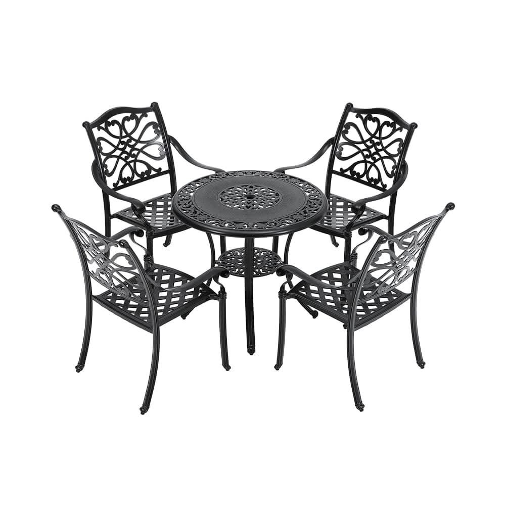Black Cast Aluminum Round Patio Dining Table with Umbrella Hole