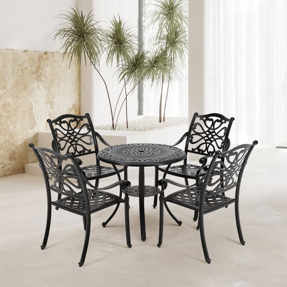 Black Cast Aluminum Round Patio Dining Table with Umbrella Hole