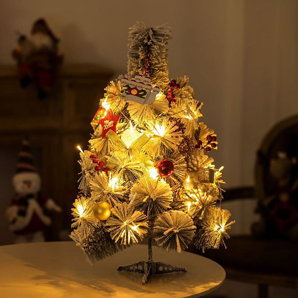 60cm Snow-Flocked Pine Needle DIY Christmas Tree with Ornaments & Warm Light String