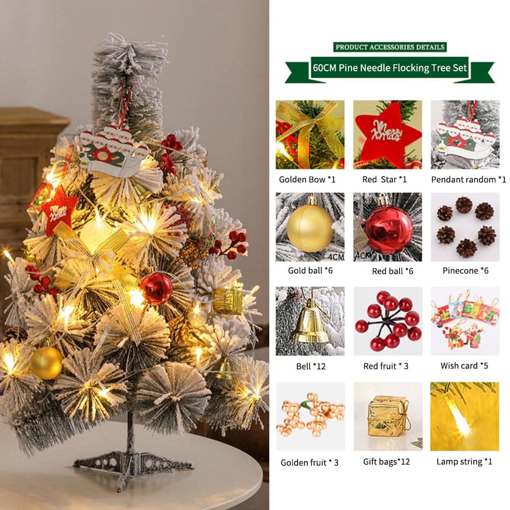 60cm Snow-Flocked Pine Needle DIY Christmas Tree with Ornaments & Warm Light String