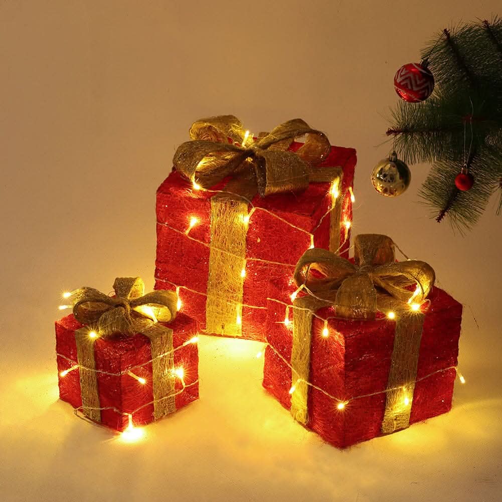 Pre-Lit Golden Christmas Gift Box Set with Warm Lights